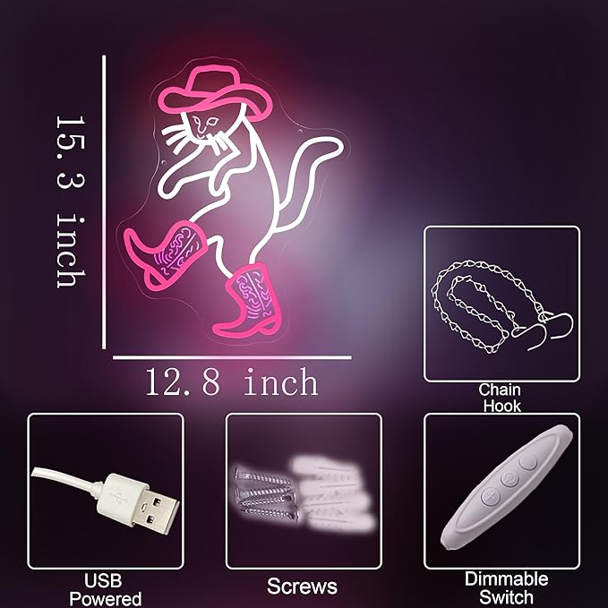 Cowboy Cat Funny Neon Light Sign,Pink Cowboy Hat Animal Neon Sign for Western Rodeo Decor,Novelty Hand Gesture Led Light Up Sign for Home Decoration Bedroom Decor