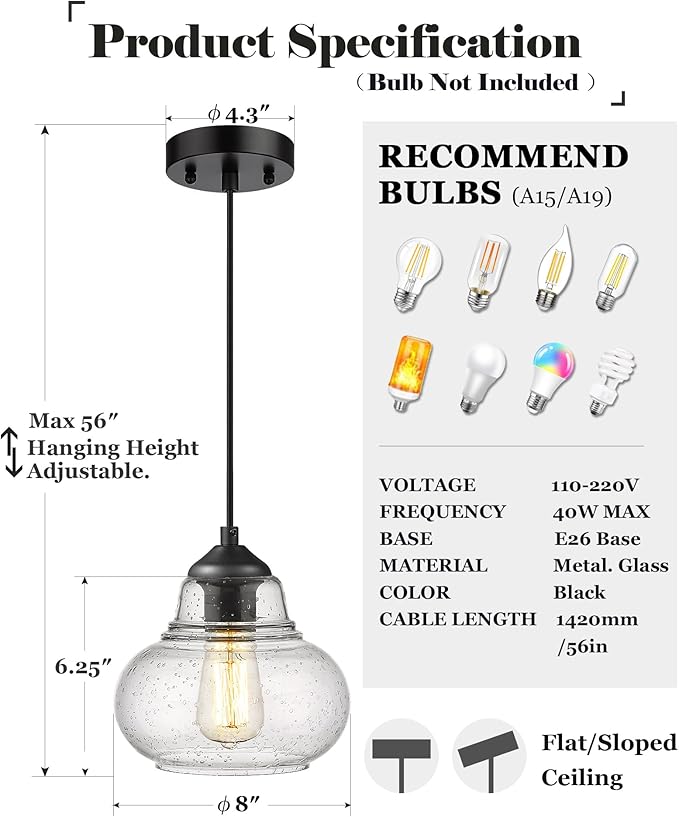 ELYONA 2 Pack Bubble Glass Pendant Light 8 inch Industrial Kitchen Hanging Pendant Light Fxitures Modern Hand Blown Seeded Glass for Farmhouse Dining Room Bar Bedroom Living Room Black