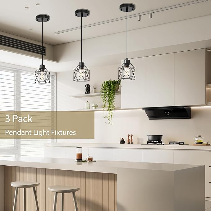 3 Pack Hanging Pendant Light Fixtures, Farmhouse Kitchen Island Light Fixture, Industrial Hanging Pendant Lighting for Dining Room Bedroom Hallway, Black Metal Cage Pendant Lamp, E26 Base