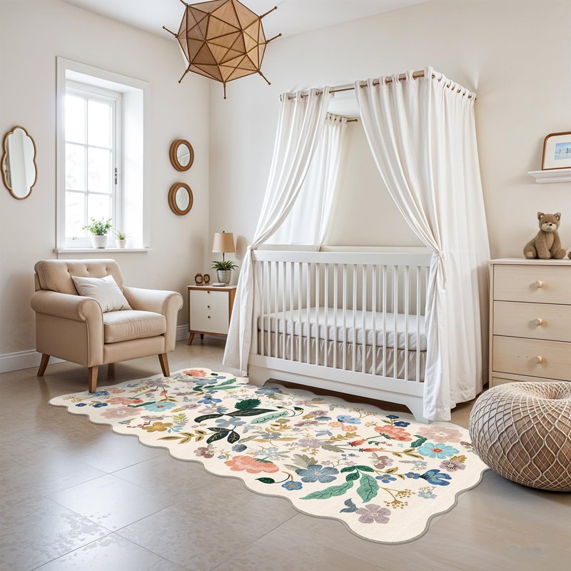 Washable 3x6 Hallway Runner Rug: Floral Scalloped Soft Runners for Entryway Kitchen Nursery Non Slip Bathroom Laundry Floor Mat Water Resistant Light Weight Carpet for Living Room Bedroom (3x6,Cream)