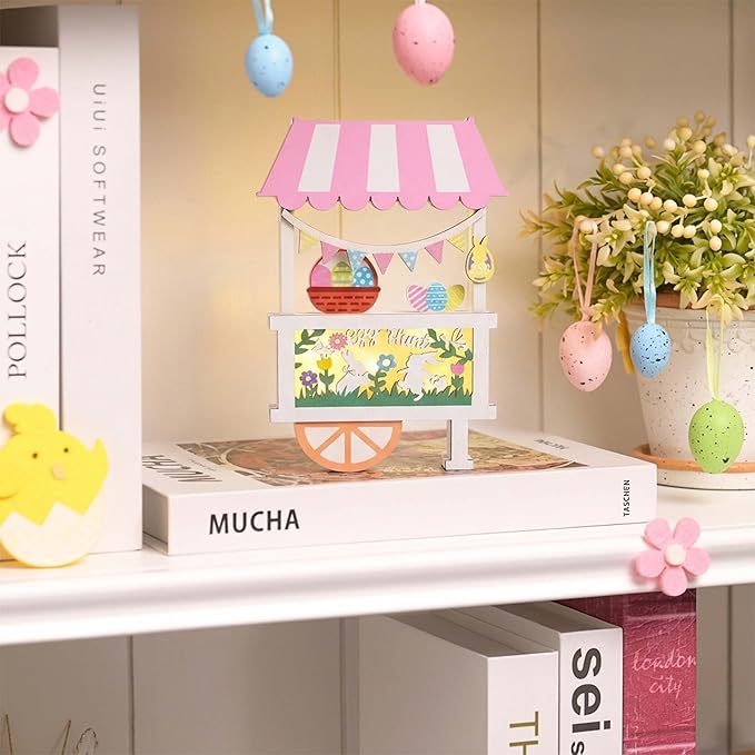 Valery Madelyn Easter Decorations, Easter Decor with LED Light, Lighted Egg Hunt Booth Decor for Table, Wooden Bunny Decorations for Home Decor Shelf Tiered Tray Living Room, 7.5 inch