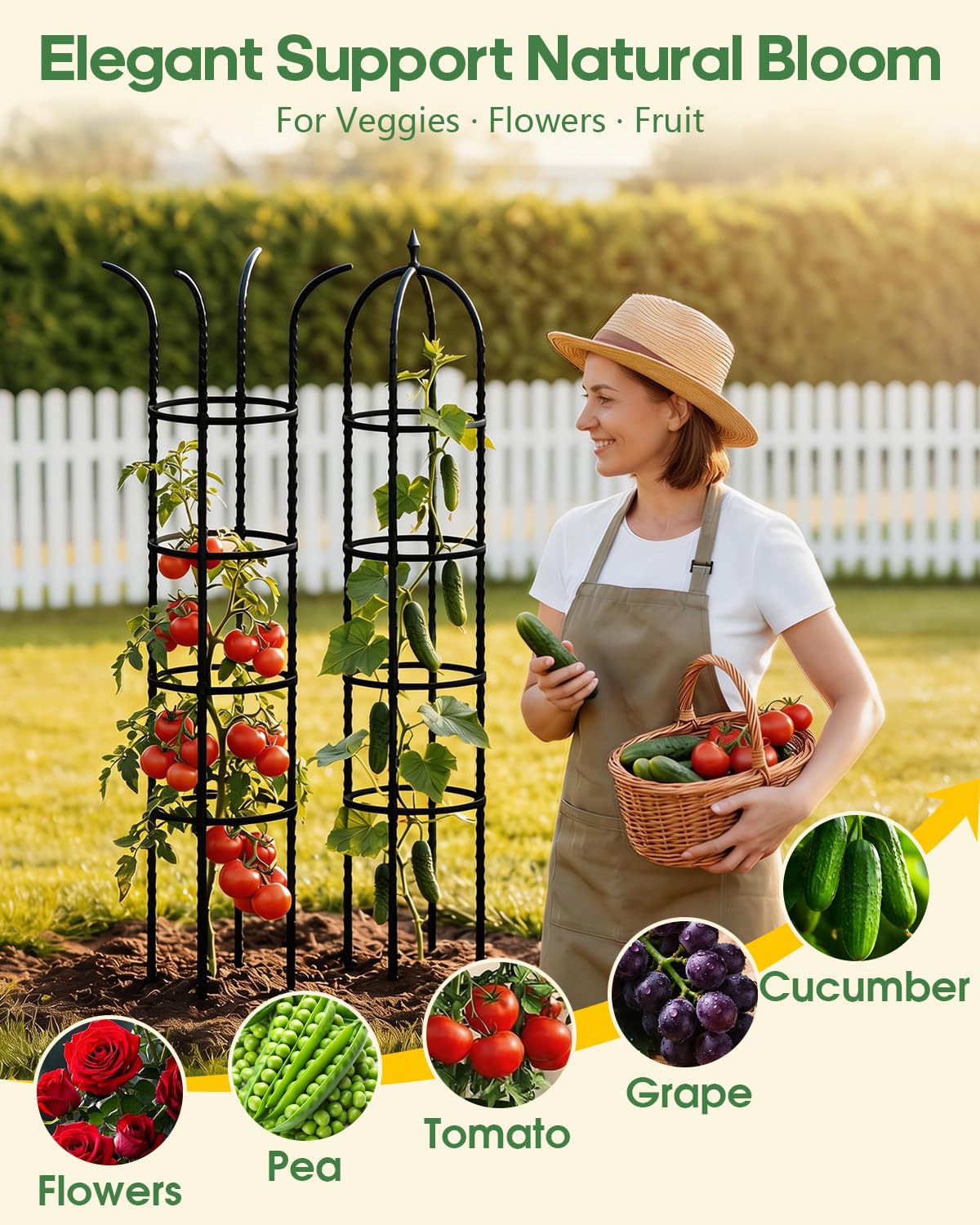 Joyhalo 2 Pack Trellis for Climbing Plants Outdoor, 6.2ft High Adjustable Garden Trellis for Flowers, Black Plastic Coated Steel Plant Stakes Use As Tomato Cage