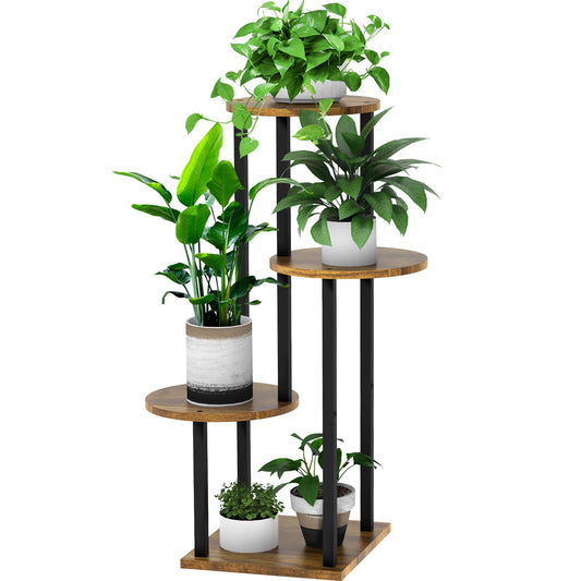 YOCOMEY 4 Tier Wood Tall Plant Stand Metal Rack Indoor, Multiple Flower Pot Holder Shelves Corner Rack, Round Planter Shelf Display Rack Storage Organizer for Patio Living Room Balcony(Black+Brown)