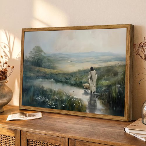 Framed Jesus Leaves the Sheep Wall Art - Christian Canvas Print | 12x16 Inch Religious Decor