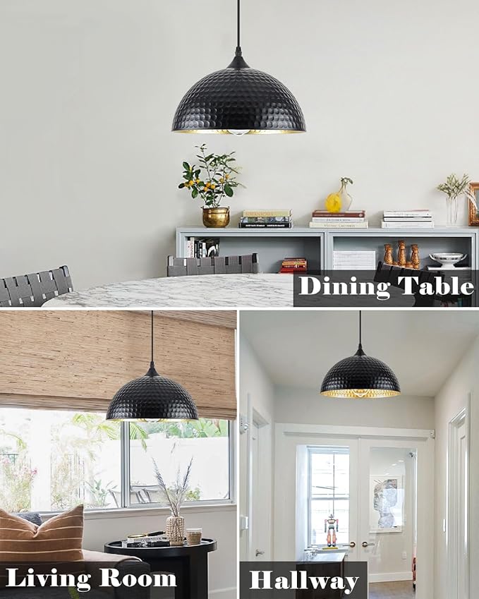 Hammered Pendant Lights Kitchen Island 2 Pack, 12 Inch Black Dome Pendant Light, Industrial Hammered Pendant Light, Island Pendant Lights for Kitchen, Dining Room, Cafe