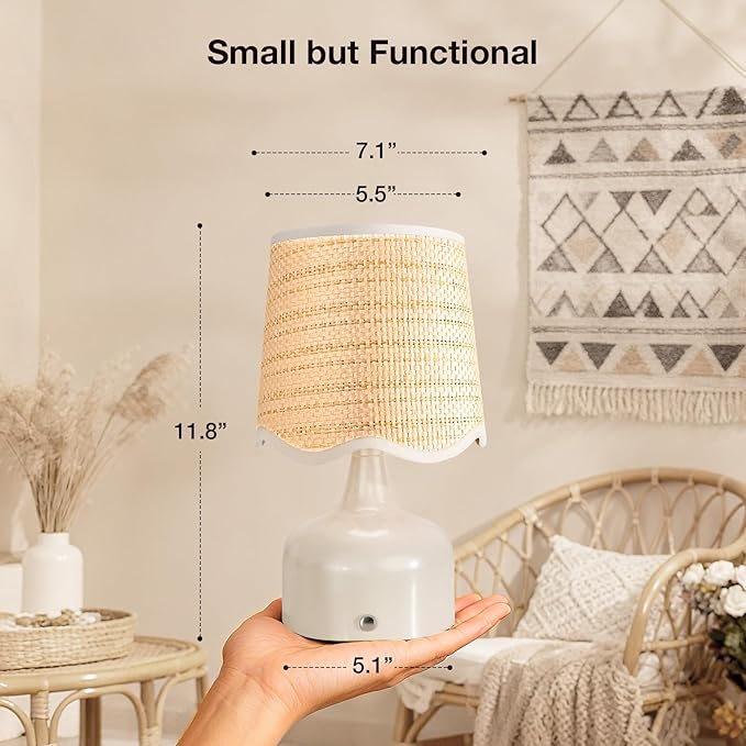 Cordless Boho Table Lamp Beige, Scalloped Wicker Shade, 5200-mAh Rechargeable Battery, 3-Way Dimmable, Build-in Integrated LED 320 Lumen Max, for Bedside Living Room