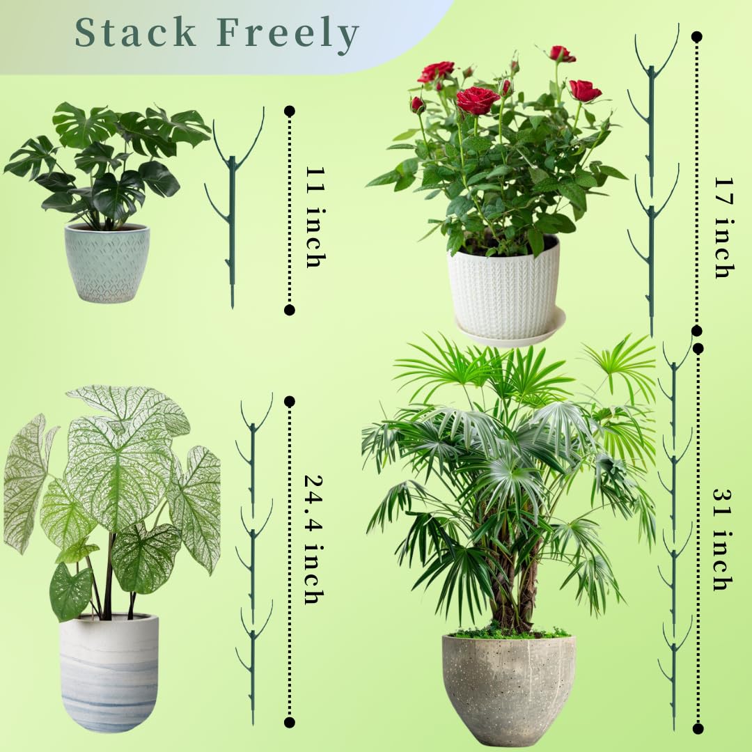 5 Pack Stackable Plant Support Stakes, Moss Pole Alternative for Monstera & Climbing Vines, Gardening Gifts for Women, Garden Essential Trellis Sticks for Indoor Outdoor Plant with 20Pcs Clips & Ties