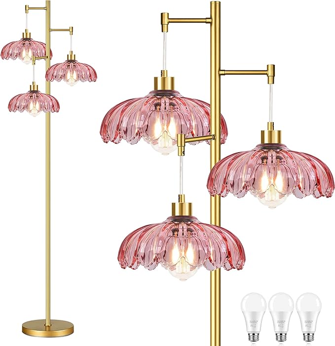 Pink Floor Lamp for Living Room,Bedroom,Gold Flower Mid Century Modern Standing Lamp Brass Tree 3 Light Tall Floor Lamps Vintage Floor Lights Glass Lamp Shade Farmhouse Boho Bohemian