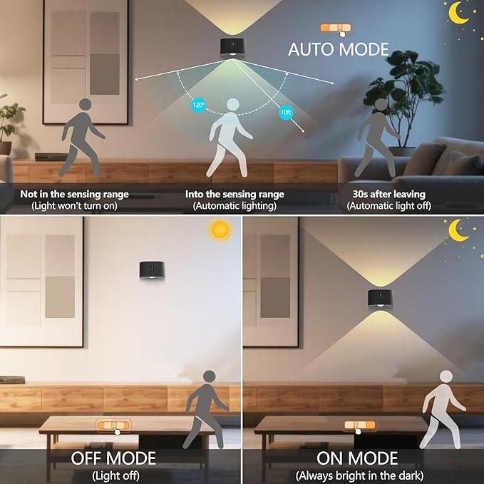 Rechargeable Motion Sensor Wall Light, Wireless Wall Sconce - Magnetic Base, Dimmable 3000K Warm White, 3 Modes (ON/AUTO/Off) for Closet, Stairs, Living Room - Indoor LED Wall Lamp (Black)