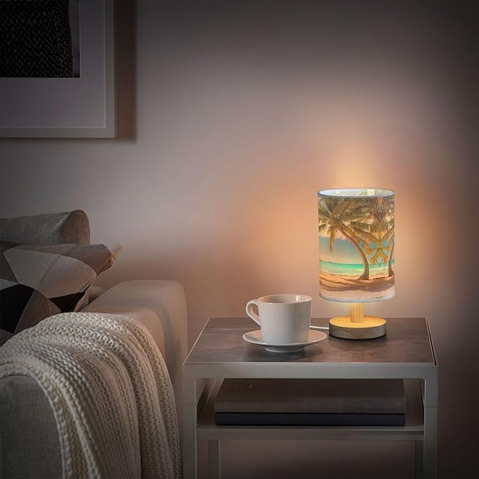 Table Lamp Summer Palm Tree Sunny Ocean Tropical Beach White Sand Nightstand Lamp with Wood Base Fabric Lamp Shade Bedside Desk Lamp for Living Room Bedroom Kids Room Office