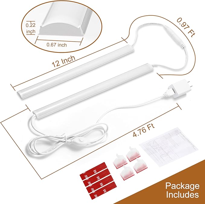 JUSJUBR Under Cabinet Lighting, 2pcs 12" 3000K Dimmable LED Closet Light, USB Plug, Memory Function, Linkable Cabinet Light Bar for Kitchen, Plug-in Workbench Light, Super Slim LED Light Bar for Room