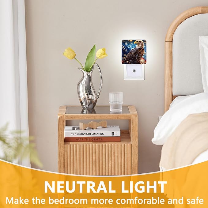 Eagle Night Light, Plug-into USA Flag Nightlight White LED Lamp, Energy Efficient Decor Desk Lamp for Bedroom Hallway Stairs Bathroom
