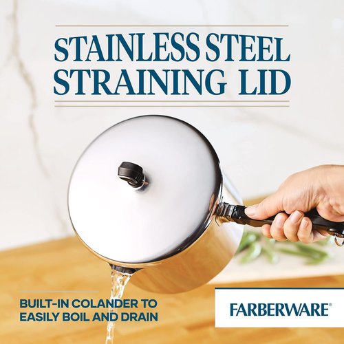 Farberware Classic Stainless Steel 3-Quart Covered Straining Saucepan - Durable Silver Design