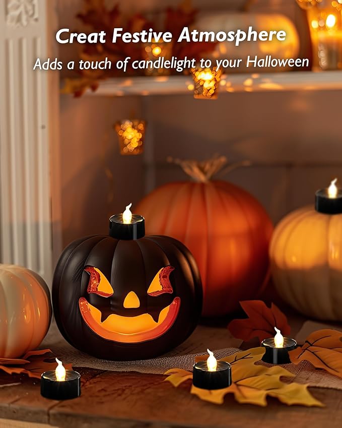 Black Candles, 24 Pack Tea Lights Candles Battery Operated, LED Tealight Candle, Flameless Votive Candle for Fall Holiday Decor, Theme Party -1.4" D X 1.3" H