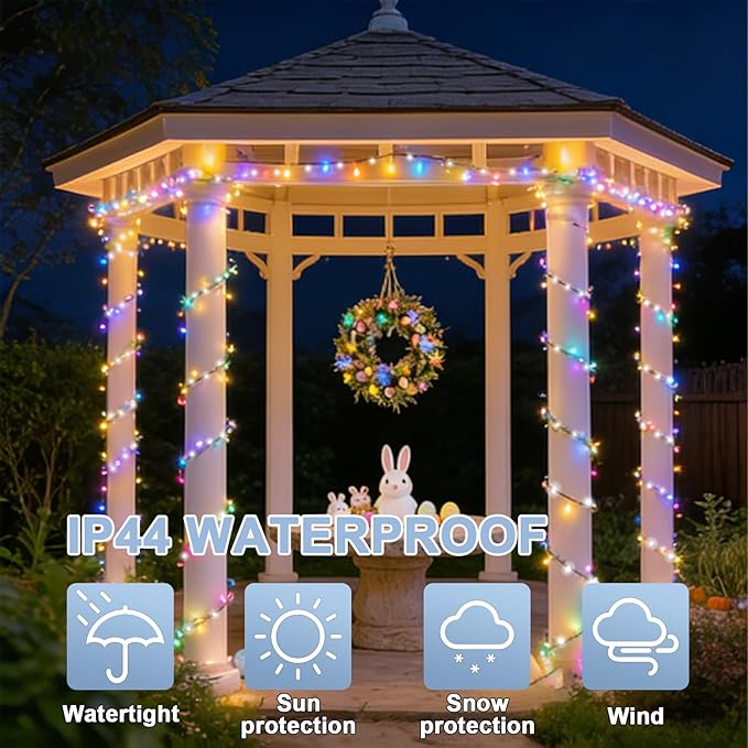 LAMPHOME 33ft Easter String Lights Plug in, 100 LED Pastel Twinkle Fairy Lights Green Wire, 16 Modes Easter Outdoor Indoor Decorations for Tree Christmas Wedding Party (White+Multicolor)