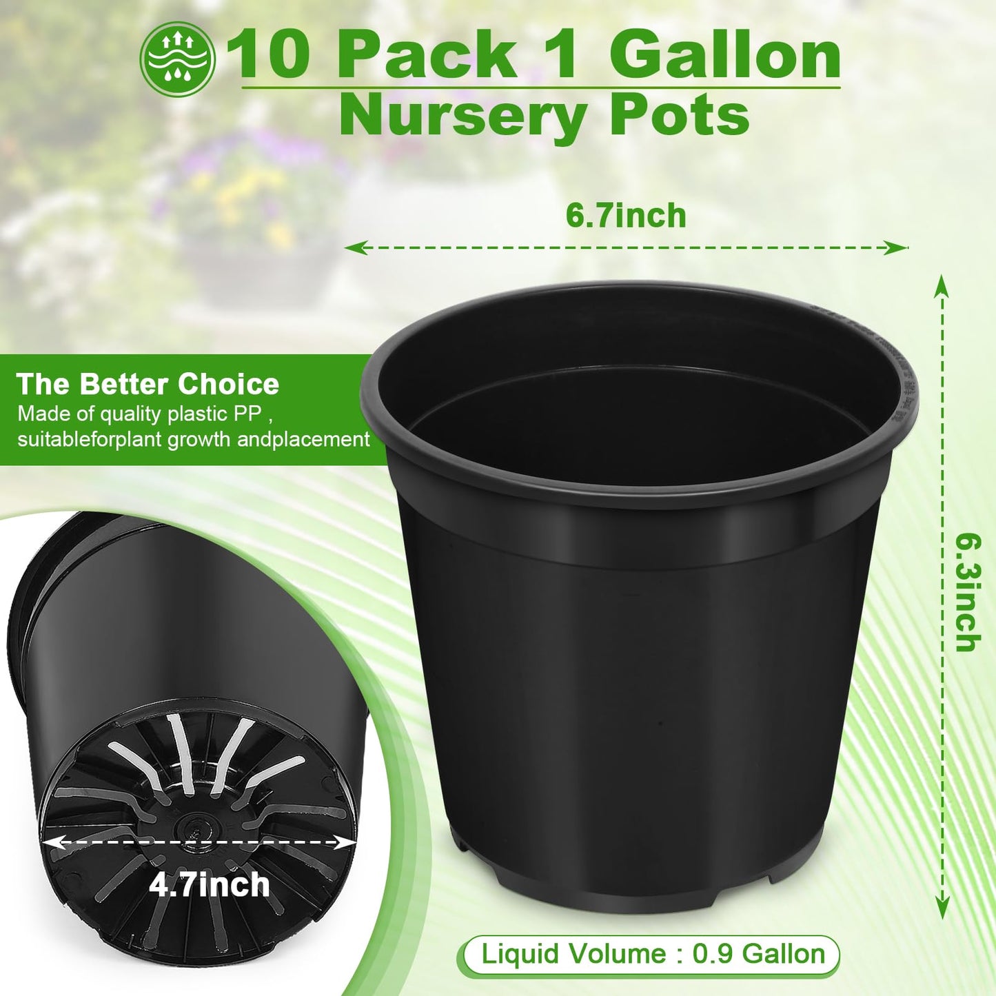 DUNPUTE 10 Pack1 Gallon Pots for Plants, 1 Gallon Plastic Nursery Pot with Drainage Holes, Sturdy Plastic Plant Pots for Nursery Garden, Flowers, Succulent Outdoor Indoor (Black, 1 Gal- 10 Pack)