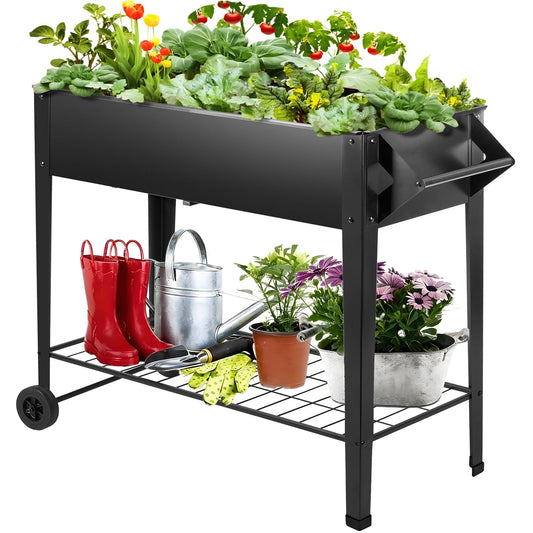 DNKMOR 32" Tall Raised Garden Bed Outdoor with Wheels & Storage Shelf or Mobility,Mobile Anti-Rust Steel Planters for Outdoor Plants,Planter Box for Vegetables/Flower/Herbs,Patio-Balcony-Backyard
