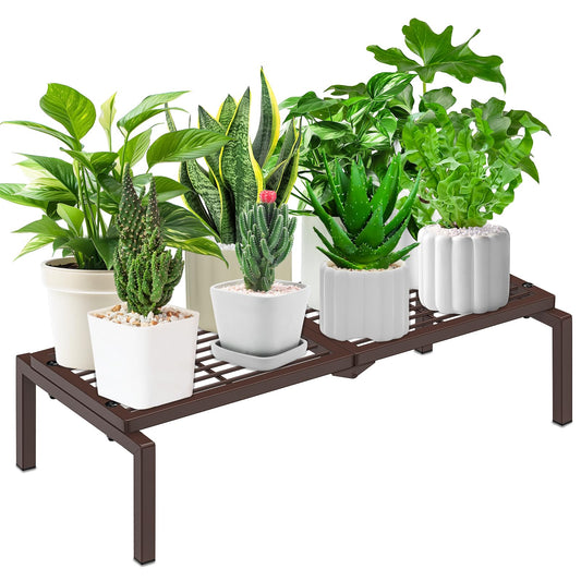Gouisalin 1 Tier Metal Plant Stand Indoor Outdoor, Potted Multiple Flower Pot Holder Rack Plant Shelf, Heavy Duty Planter Display Shelving for Patio Balcony Garden Living Room Decorative (Brown)