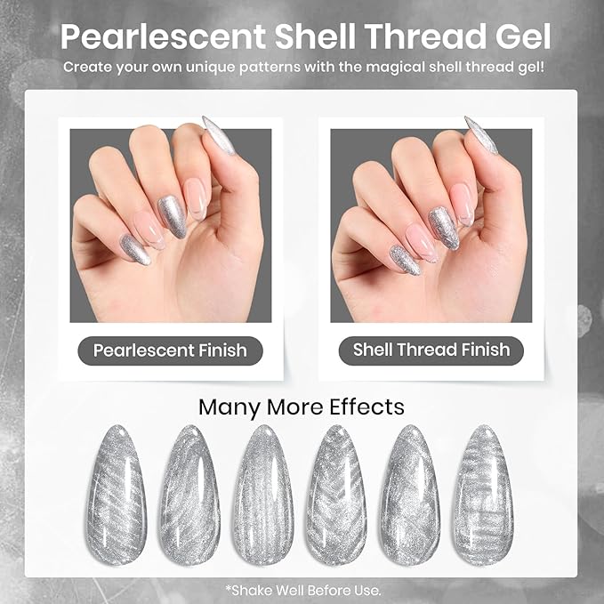 Beetles Silver Gel Nail Polish Glitter Gel Polish Shell Swirl Thread Drawing Effect Mermaid Shimmer Soak Off UV LED 15ml Gifts for Women Silver Dance Floor