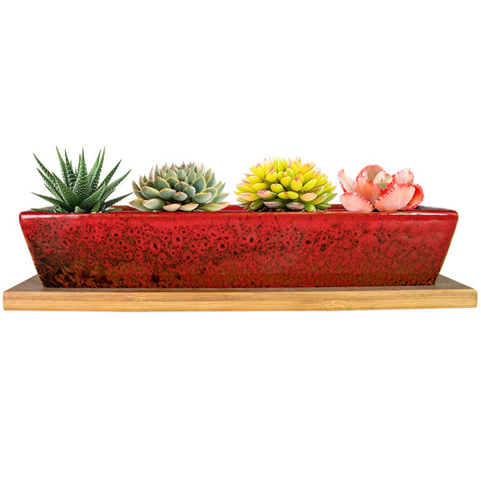 ARTKETTY Succulent Pots, 9.8 Inch Ceramic Succulent Planters with Drainage Small Bonsai Pot with Bamboo Tray, Mini Cactus Flower Planter Pot Shallow Rectangular Window Planters for Indoor Plants