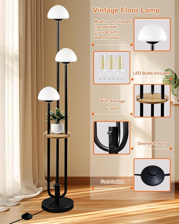 Black Dimmable Floor Lamp with Table, Modern Floor Lamps for Living Room, 3000K Warm Lights Tall Standing Lamp with Mushroom Shades & Bulbs for Bedroom/Office