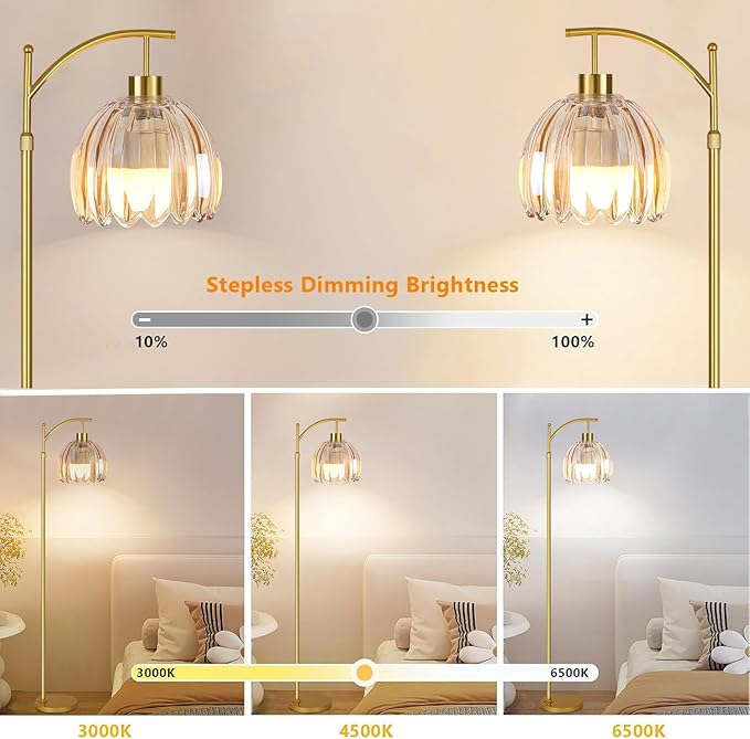 Glass Floor Lamp for Living Room,Bedroom,Gold Dimmable Standing Lamp with Remote,Mid Century Modern Brass Tall Lamp Boho Floor Lamps Arc Stained Flower Floor Light Lamp Girls Bohemian