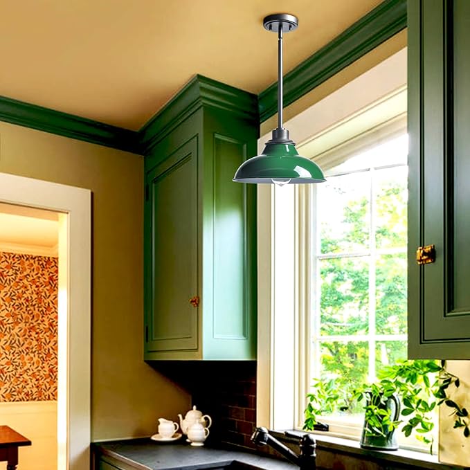 Modern Pendant Light Fixture Retro Dark Green Pendant Lights Kitchen Island Hanging Light Fixture for Dinning Room Bar Kitchen Island (Metal Rod)