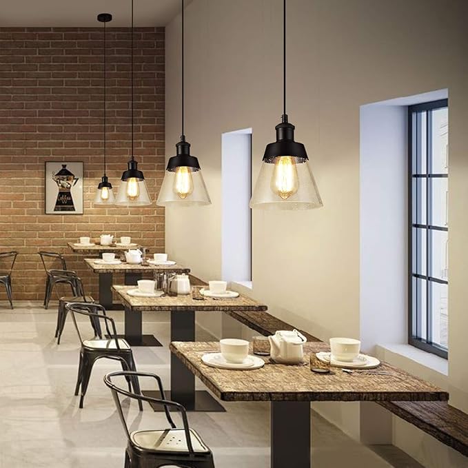 Industrial Glass Pendant Light with Handblown Clear Seeded Glass Shade, One-Light Adjustable Rustic Mini Pendant Lighting Fixture for Kitchen Island Cafe Bar Farmhouse, Black