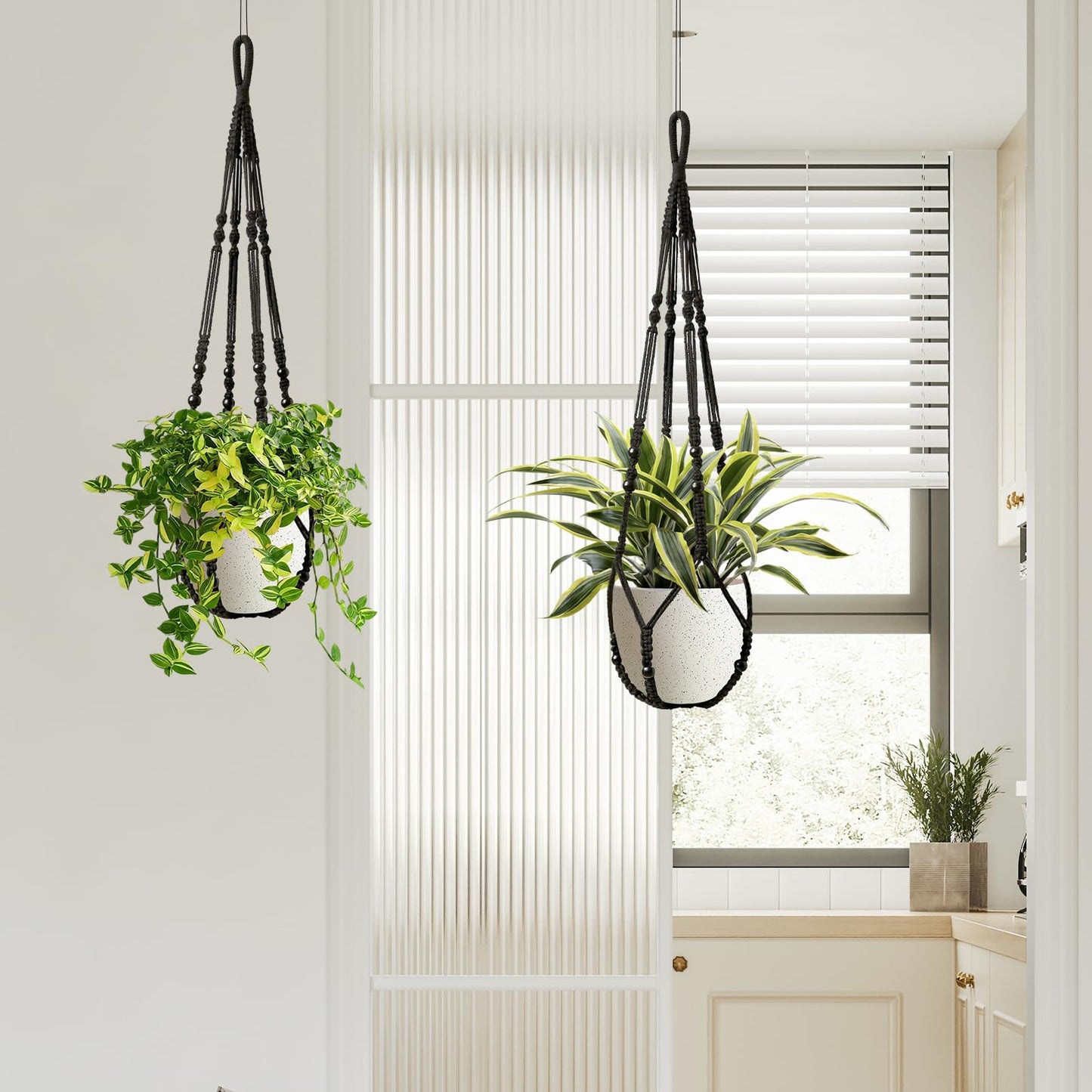 LEWESU Macrame Plant Hanger Indoor Set of 2 with 4 Hooks, Indoor Outdoor Hanging Planter for Plants Holder with Decorative Wood Beads & No Tassels, Boho Home Decor, 35 Inch Black (Pots Not Included)