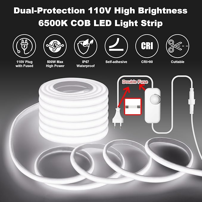 IP67 Waterproof COB LED Strip Lights AC 110V-120V Direct Plug, 66FT Super Bright Outdoor Strip Lights with Double Fuse Controller, 6500K White LED Strips for Garden Patio Commercial Decor