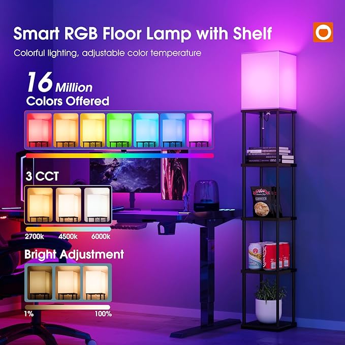 addlon 5-Tier Floor Lamp with Shelves, Modern Shelf Lamp with RGB Smart Bulb, APP Control Standing Lamp with White Lamp Shade, Floor lamp for Living Room, Bedroom (70'' H, Black)