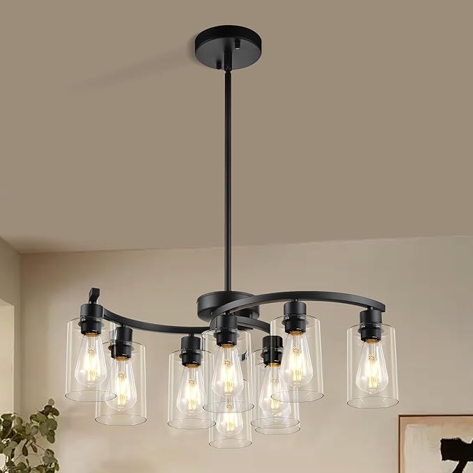 9-Light Modern Farmhouse Chandelier，29.5" Black Dining Room Light Fixture，Industrial Pendant Lights Kitchen Island,Metal Bracket with Downward Clear Glass Shade