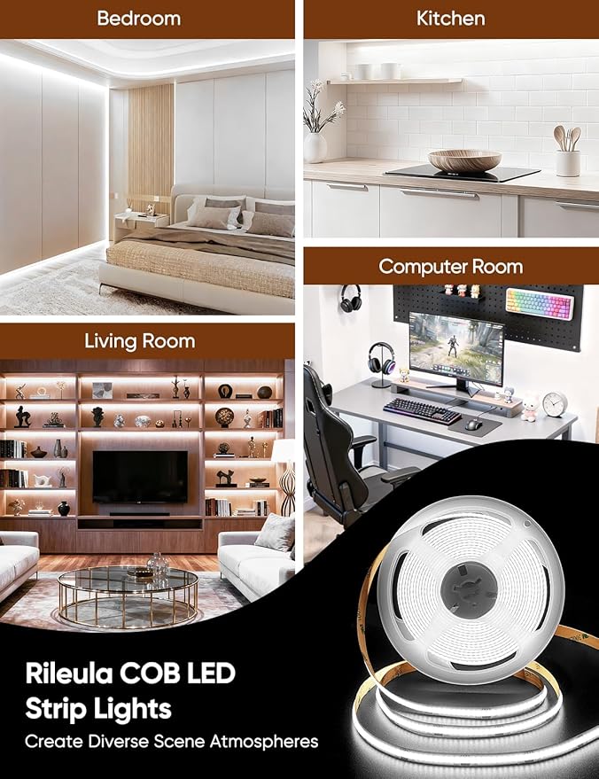 COB LED Strip Lights 6000K Cold White DC24V 16.4ft/5m CRI90+ Super Bright Dimmable Flexible LED Tape Lights with Music Sync Smart App RF Remote Control for Living Room Ceiling Cabinet Lighting