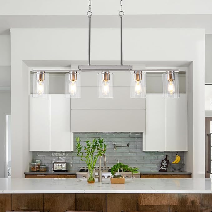WILON Kitchen Island Lighting, 5 Lights Nickel Sand Linear Chandeliers Modern Farmhouse Chandelier with Glass Shades for Kitchen Island Living Dining Room Foyer Bedroom(Brushed Nickel,5 Lights)