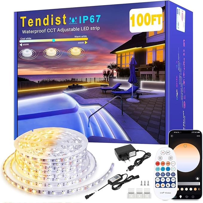 Outdoor LED Strip Lights Waterproof IP67, Dimmable 3000K-6500K Warm White LED Rope Lights Outdoor Waterproof with Remote & APP, 24v Adhesive Exterior Lighting for Patio, Deck, Gazebo (100FT)