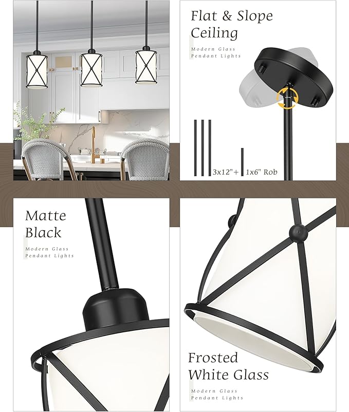 Pendant Lights Kitchen Island 3 Pack, Black Kitchen Pendant Lighting Over Island with Milk Glass and Rods, Modern Mini Hanging Light for Sink Dining Room, CH9176BKW-3PK
