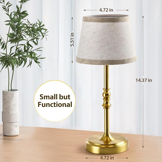 Small Gold Rechargeable Table Lamp,12-14 Inch Tall Vintage Style,Battery Powered Cordless Desk Lamp,Mini Touch Control Bedside Lamp,Warm Light 3000K for Nightstand Bedroom Counter Living Room-2 Pack