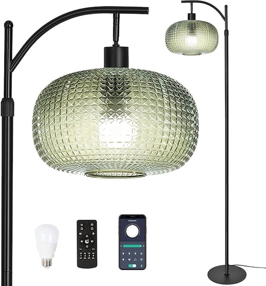 Floor Lamp for Living Room,Bedroom,Mid Century Modern Standing Lamp with Remote,Dimmable Brass Tall Lamp Dark Green Glass Lamp Vintage Retro Arc Floor Lamps Floor Light Boho Bohemian