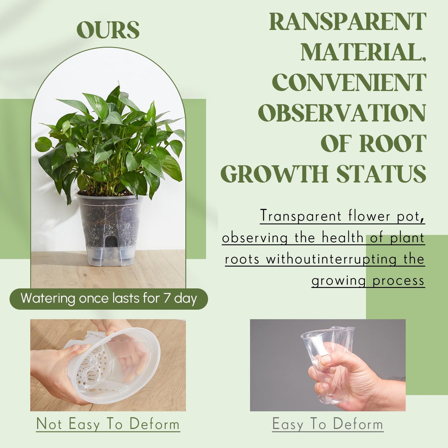 Wonderjune Self Watering Pots for Indoor Plants with Deep Reservoir and High Drainage Holes for Outdoor Plants and Flowers, Bare Root Planter(4.72''/5.91''/7.09''/8.27'',Clear,4 Pcs)