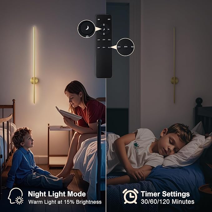 Motion Sensor Battery Operated Wall Sconce Set of Two - Modern Rechargeable Wireless Wall Lights with Remote Control, Dimmable, 3000K/4000K/6000K, Timer for Living Room, Hallway, Brass, 39.3 Inch