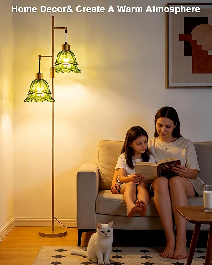 2-Light Gold Dimmable Floor Lamp for Living Room, 65IN Tall Standing Lamps with Green Glass Lampshade, 3000K Warmwhite Mid Century Modern Floor Lamp for Bedroom/Sofa Beside/Corner Decor