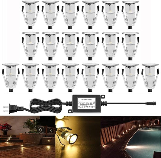 0.7" Tiny Recessed LED Deck Lighting Kits 12V Warm White Waterproof IP67,Led In Ground Lights for Steps,Stair,Patio,Floor,Pool Deck,Kitchen,Outdoor Low Voltage LED Landscape Lighting(20Pcs)
