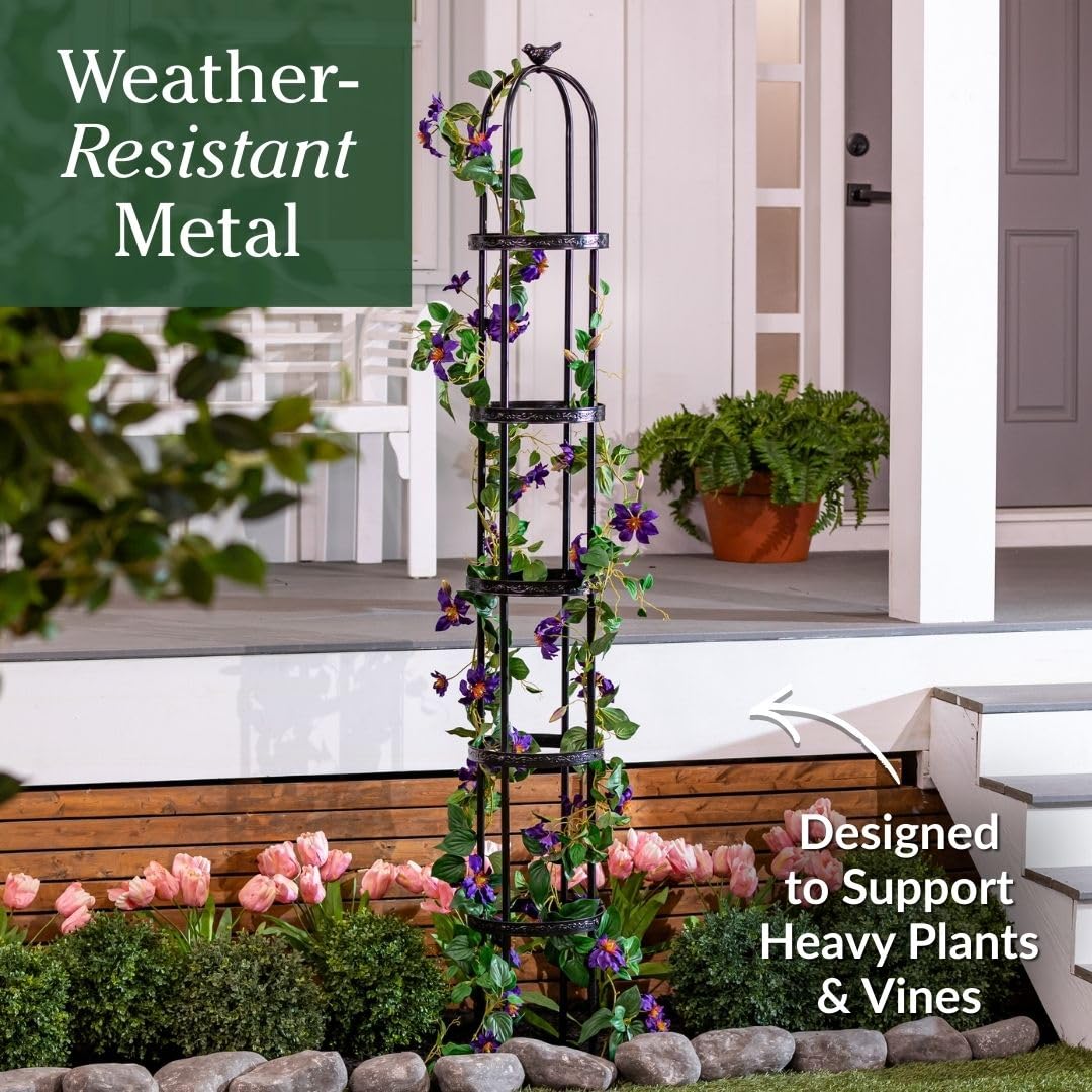 Evergreen Metal Garden Obelisk Trellis for Climbing Plants Outdoor Black | 7 Feet Adjustable | Indoor Plant Trellis for Potted Plants & Heavy Vines | Floral Pattern Arch Trellis