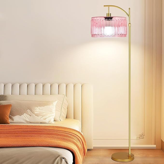 Pink Floor Lamp for Living Room,Bedroom,Gold Dimmable Standing Lamp with Remote,Mid Century Modern Brass Tall Lamp Boho Floor Lamps Arc Stained Glass Flower Floor Light Lamp Girls kids Bohemian