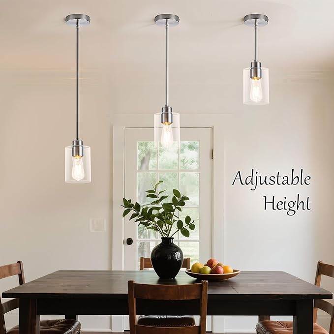 MAYNA 2-Pack Brushed Nickel Hanging Lamps, Contemporary Kitchen Island Pendants with Bulbs, Adjustable Rods Clear Glass Cylinder Lighting for Dining Area