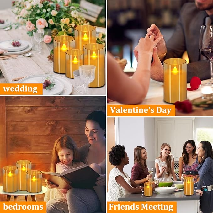 Flameless Candles 4" 5" 6" Set of 9 Acrylic Glass Pillars 3" Diameter Battery Operated Flickering Candles Include 8-Key Remote with Timer Function 400+ Hours (Amber, 9 Pack)