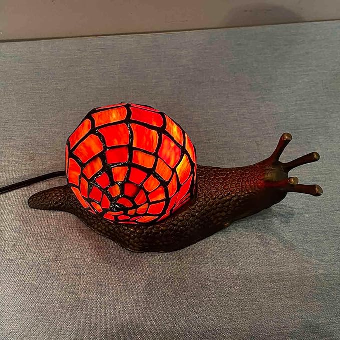 Bieye L10989 Land Snail Tiffany Style Stained Glass Accent Table Lamp for Home Decoration (Red, 10" D x 5" W x 5" H)