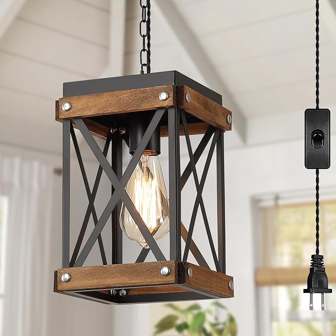 Rustic Farmhouse Plug in Pendant Light Fixture with Adjustable Chain, Oak Wood and Metal Lantern Cage Mini Hanging Lamp for Kitchen Island Living Room Hallway Farmhouse Bar, Black