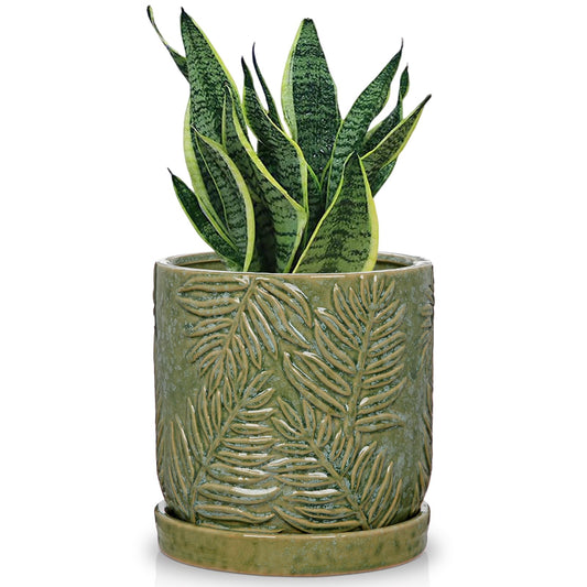 GnFlus 5.5 Inch Ceramic Planter Pots with Drainage Holes, Saucers for Indoor-Outdoor Plants, Succulent Orchid Flower Large Round Plant Pot Green