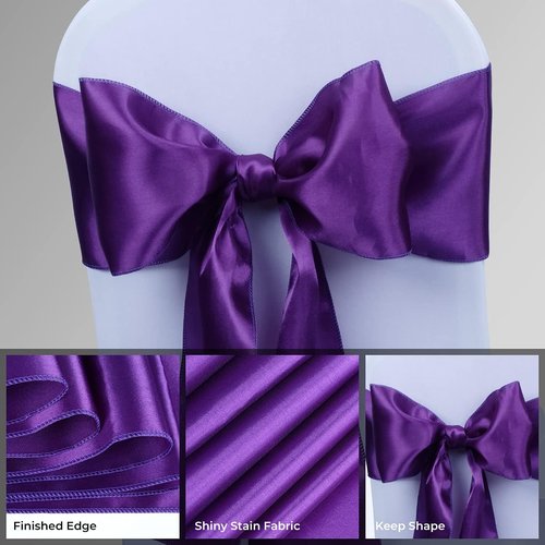 Babenest Satin Chair Sashes - Upgraded 50 Pcs Chair Ribbons & Bows for Weddings & Events | Purple